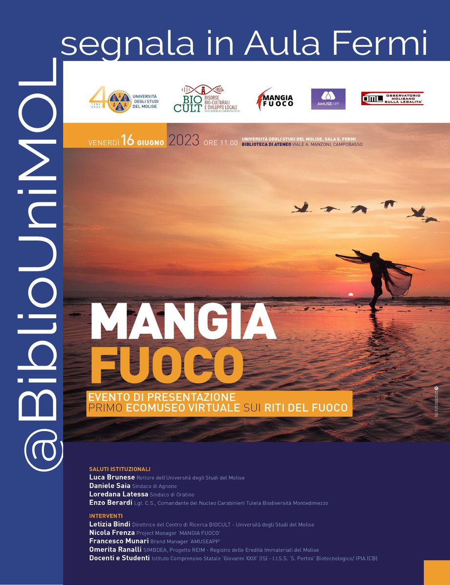 BiblioUnimol's tweet photo. 📌#𝔹𝕚𝕓𝕝𝕚𝕠𝕌𝕟𝕚𝕞𝕠𝕝𝔸𝕝𝕖𝕣𝕥 #16giugno, ore 11:00, Sala "E. Fermi" #BiblioUnimol, "Mangia Fuoco" evento di presentazione del primo #ecomuseovirtuale sui #ritidelfuoco; @Unimolise, #BiCult, #MangiaFuoco, #AmuseApp, #OsservatorioMolisanoSullaLegalità. https://t.co/d4KL2PSUvu