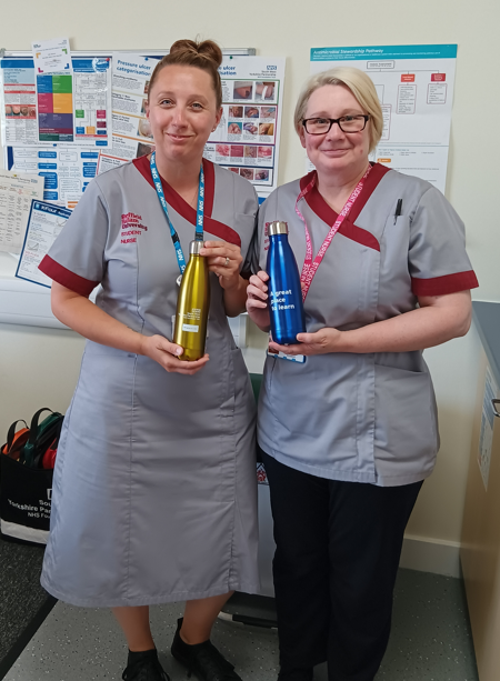 We're helping to keep our wonderful learners hydrated in this hot weather.  Student nurses Andrea Kelemen and Laura Thomas on placement in Goldthorpe and Thurnscoe Neighbourhood nursing are loving the water bottles we've given them. #agreatplacetolearn #agreatplacetowork