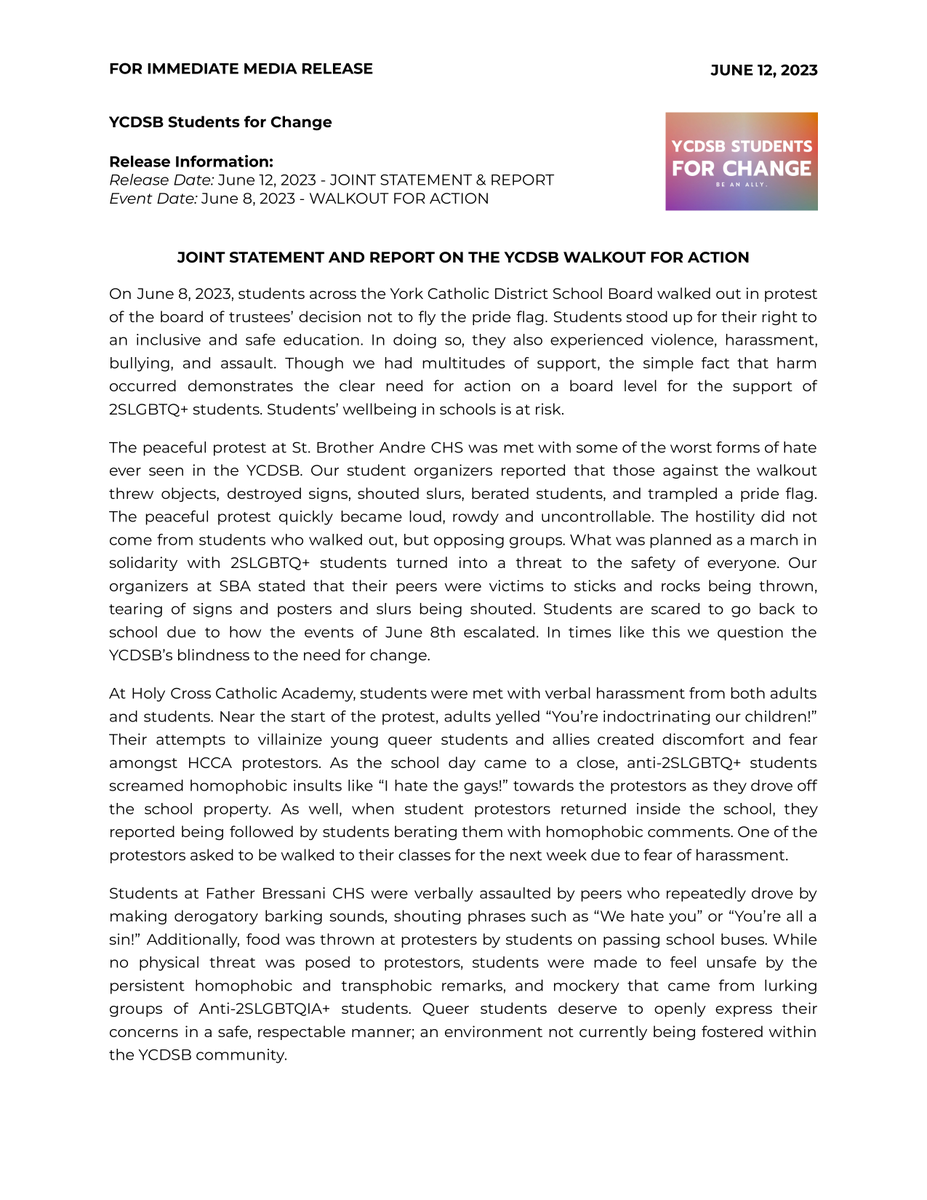 YCDSB4Change's tweet photo. A joint statement from the student organizers of the Walkout for Action on June 8, 2023, regarding the violence, bullying and harassment students experienced.

Read the full report below or at https://t.co/n1Ye9LSm20

#ycdsb #pride #walkoutforaction #wearenotcomplexities #lgbtq https://t.co/H0pRvAKdAG