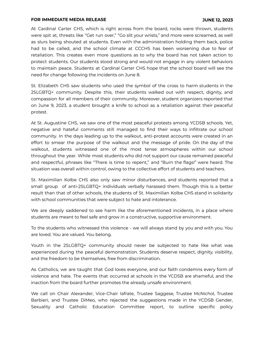 YCDSB4Change's tweet photo. A joint statement from the student organizers of the Walkout for Action on June 8, 2023, regarding the violence, bullying and harassment students experienced.

Read the full report below or at https://t.co/n1Ye9LSm20

#ycdsb #pride #walkoutforaction #wearenotcomplexities #lgbtq https://t.co/H0pRvAKdAG