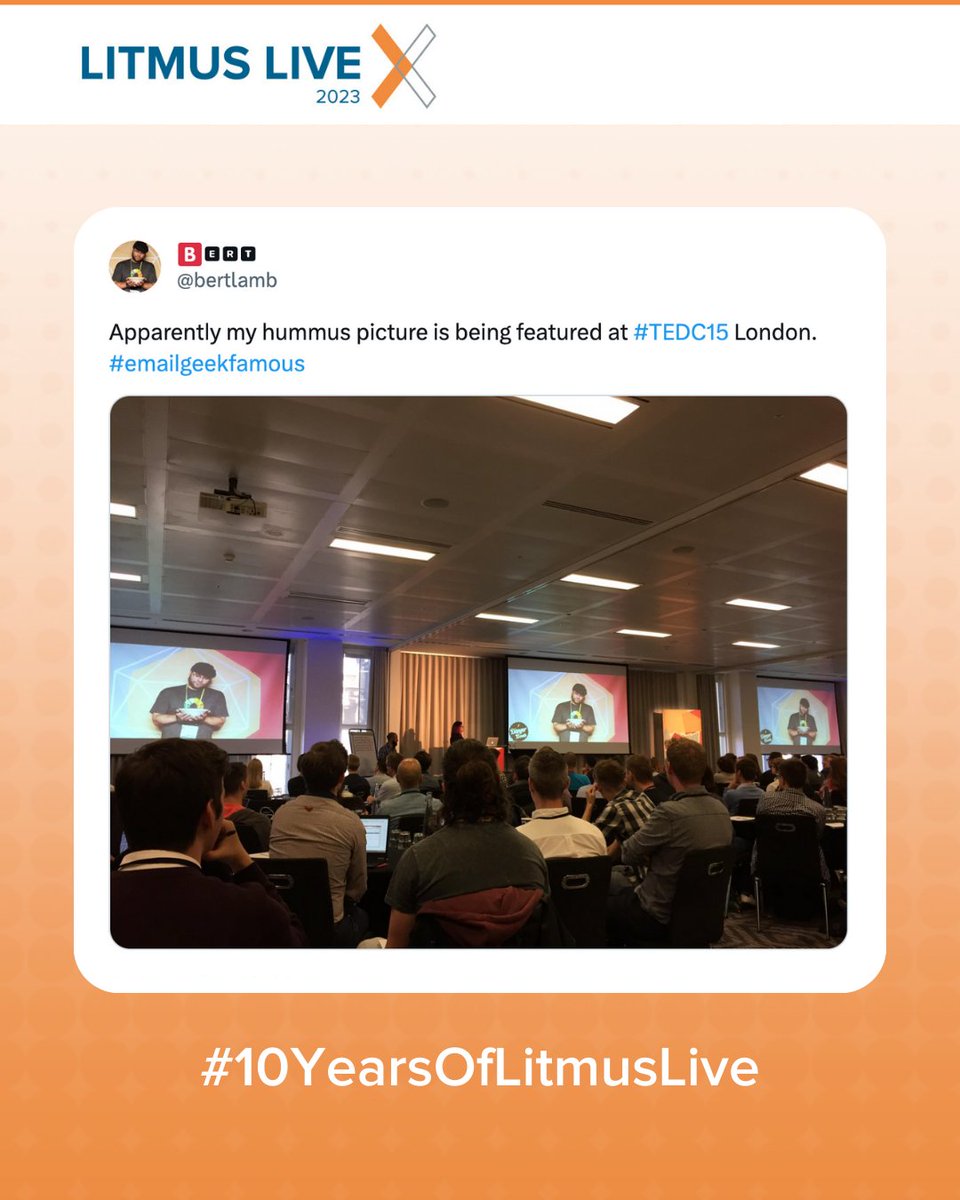litmusapp's tweet photo. We’re back with our #10YearsOfLitmusLive series 🎉 Let’s rewind to 2014, the birth year of the “that hummus guy.”

Who exactly is *that hummus guy*? He's none other than our very own, @bertlamb: party dip champion and philosopher of all things chickpeas. https://t.co/mkHrZsnXZv