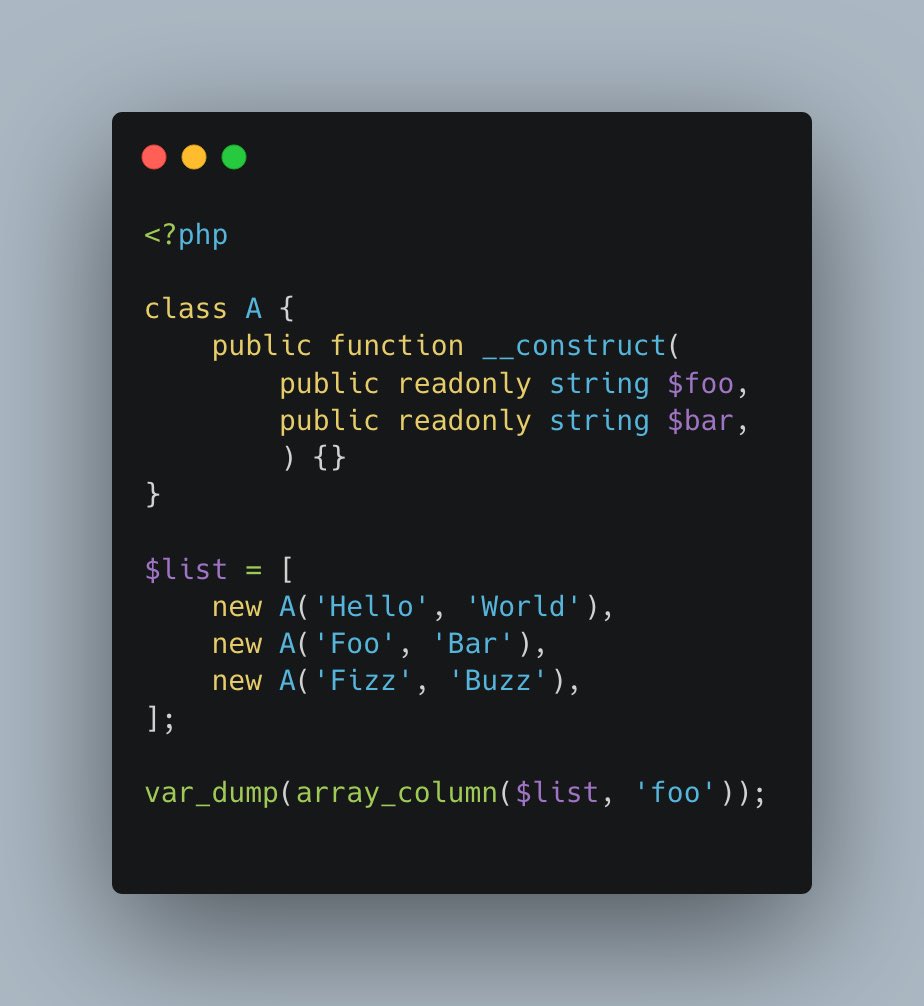 #PHP tip: array_column function can also return a list of objects properties. Very useful now that we can create readonly properties in DTO

php.net/manual/en/func…

3v4l.org/8Xrts#v8.2.7