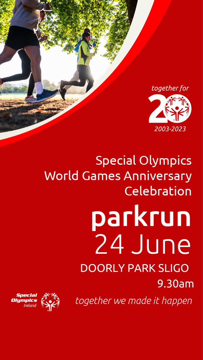 ConnaughtSo's tweet image. 20 years since Ireland hosted the World Summer Games 🇮🇪 Join the celebrations by getting out to your local @parkrun on Sat Jun 24th.
We will be hosting a flagship event in Doorly Park, Sligo @ 9:30am. Come along and bring friends &amp;amp; family🎉

#togetherfor20
#TogetherWeMadeItHappen