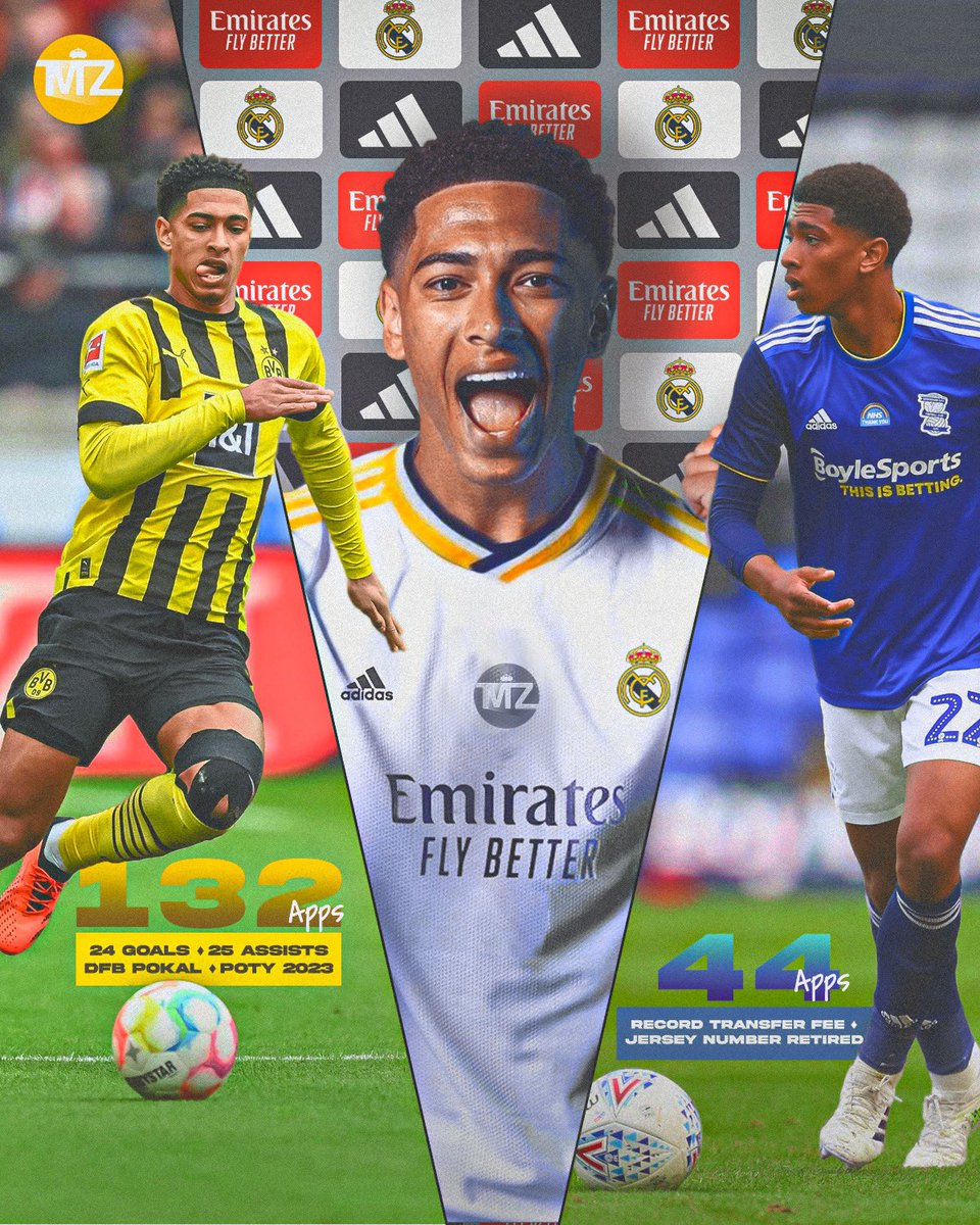 theMadridZone's tweet photo. 🏴󠁧󠁢󠁥󠁮󠁧󠁿 Jude Bellingham —  the story so far, at only 19 years old:

• Professional debut with Birmingham at only 16 years old, 38 days.
• Undisputed starter at the first team while being 16.
• Most expensive 17-year old in history, €30M move to BVB.
• Birmingham retires his number at just 17 years old.
• Goal in debut with Dortmund, youngest ever scorer in club's history with 17 years, 77 days.
• Debut with England at 17 years, 136 days. 
• Youngest English goalscorer in UCL - 17 years, 289 days.
• Called up for EURO at 17.
• Won DFB Pokal with BVB.
• Second youngest goalscorer for England in World Cup.
• Bundesliga & BVB POTY for 2022/23.
• Top goalscorer at BVB for 2022/23.
• Joins Real Madrid for €103M. 

🤯 From Birmingham to the Bernabéu, welcome to Madrid @BellinghamJude