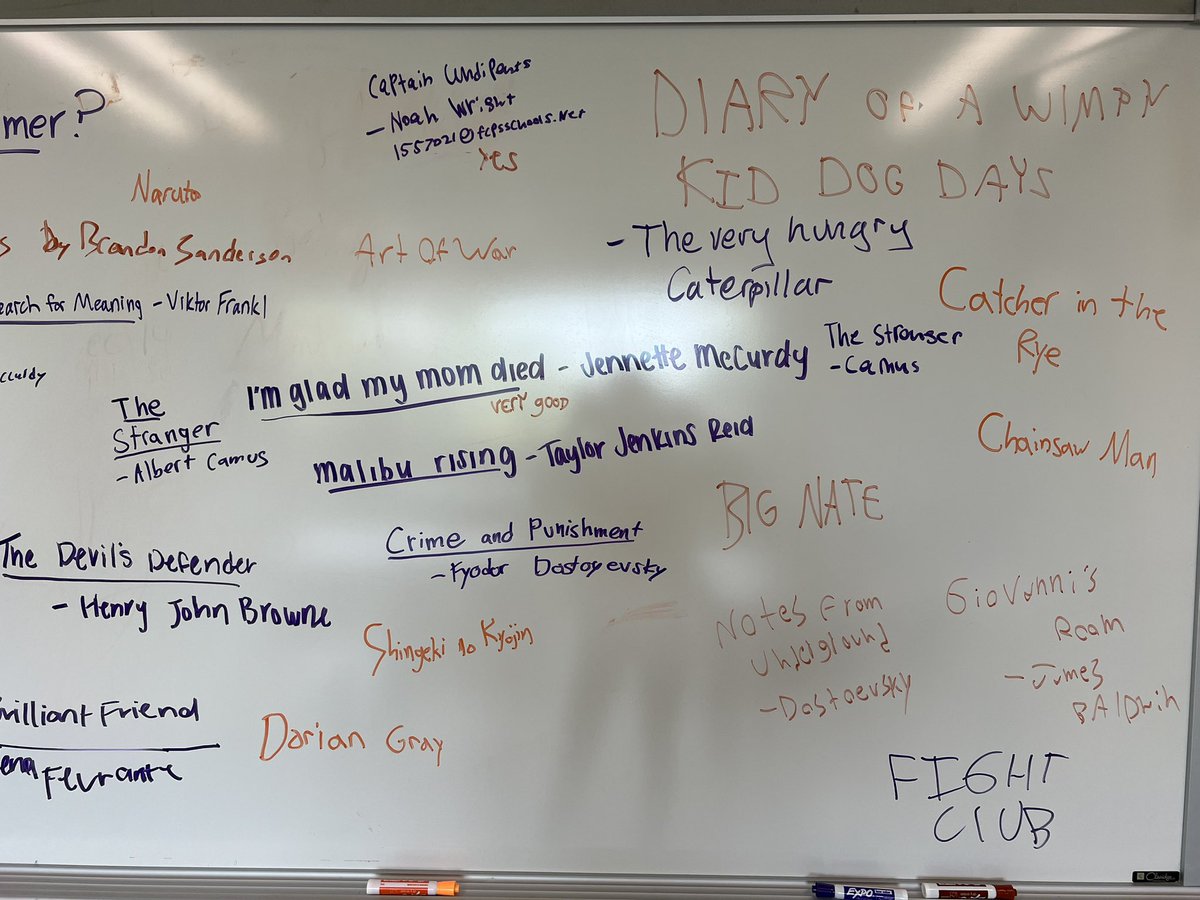 AngTaggart's tweet image. Looking for summer reading ideas? Check out these recommendations from some of my students. There is something for everyone on here, from Dostoevsky to Big Nate.
