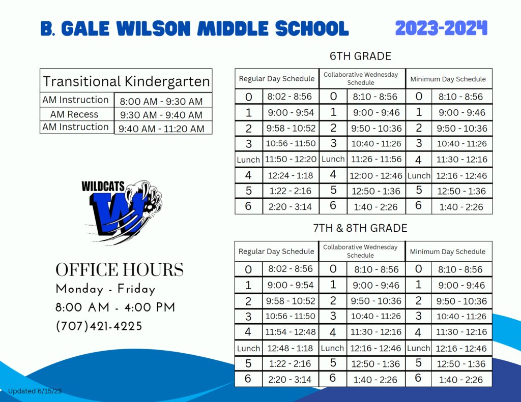 Hello Wildcat Families

Here is our new bell schedule for the 23-24 school year!