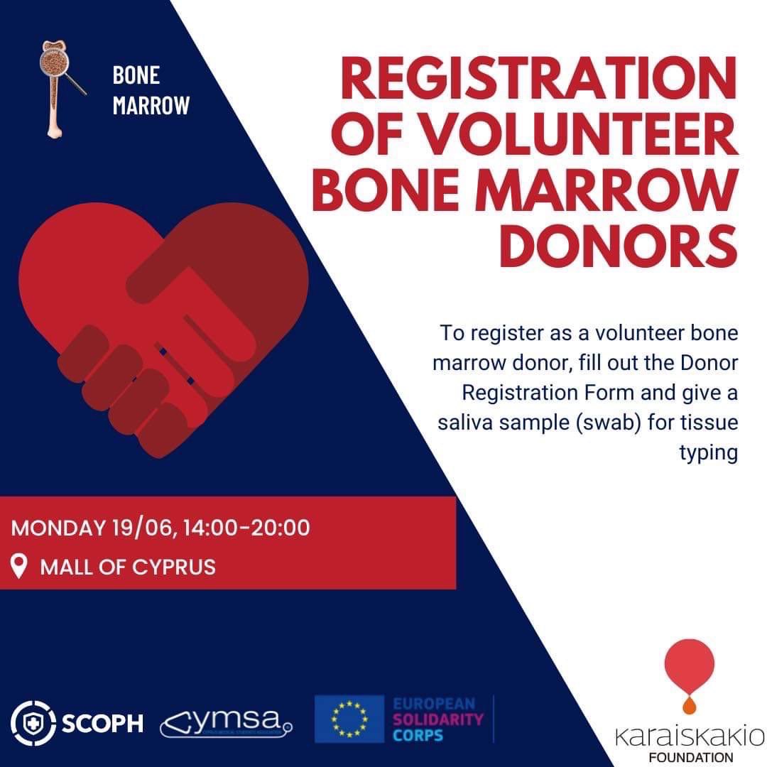 CyMSAmed's tweet photo. Registration of Volunteer #BoneMarrow Donors 

19/06 Monday, 14:00-20:00
📍Mall of Cyprus https://t.co/tOGnqwzv10