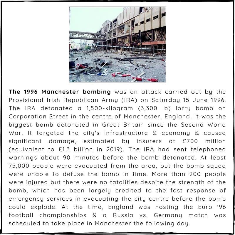 #otd 15 June 1996 – The Provisional IRA detonates a powerful truck bomb in the middle of Manchester, England, devastating the city centre & injuring 200 people.

#manchesterbombing #Manchester #Britishhistory