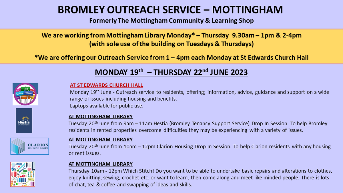 Details of drop-in surgeries and sessions available next week. @MBLR_Mott @Hestia1970 @ClarionSupport @BR7BR5BR1News #socialhousing #housing #Outreach #support #advice