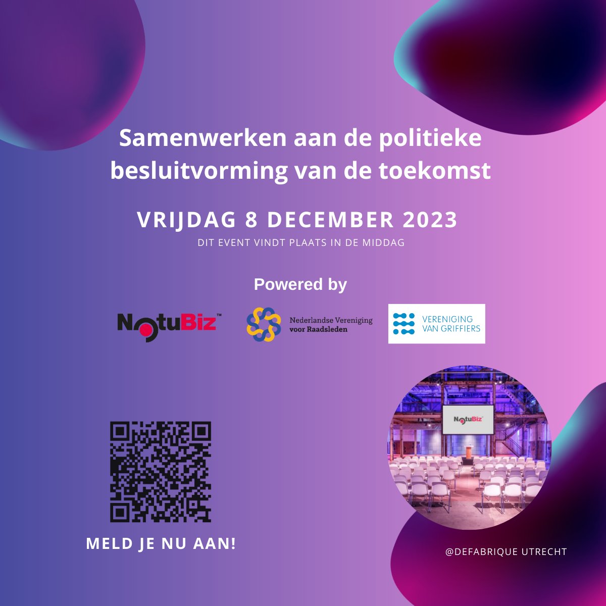 Op 8 december organiseert #NotuBiz in samenwerking met <a href="/RaadslidNu/">Nederlandse Vereniging voor Raadsleden</a> en @griffiers een middag vol #inspiratie, #informatie, praktische tools, de kans om jouw input te geven en #entertainment. 

Ben jij erbij?  notubiz.nl/nieuws-en-kenn…