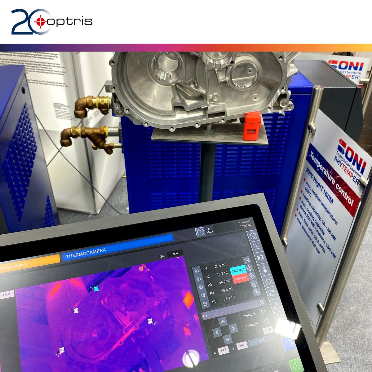optris's tweet photo. Optris Xi 400 IR camera in live application at #THERMPROCESS 2023 at the booth of ONI Temperiertechnik Rhytemper GmbH! 🌡 At ONI stand Hall 9 | F01 you can see our Spot Finder IR Camera Xi 400 in action. ONI show the solution for temperature measurement in aluminum die casting. https://t.co/xeaRnz0DFo