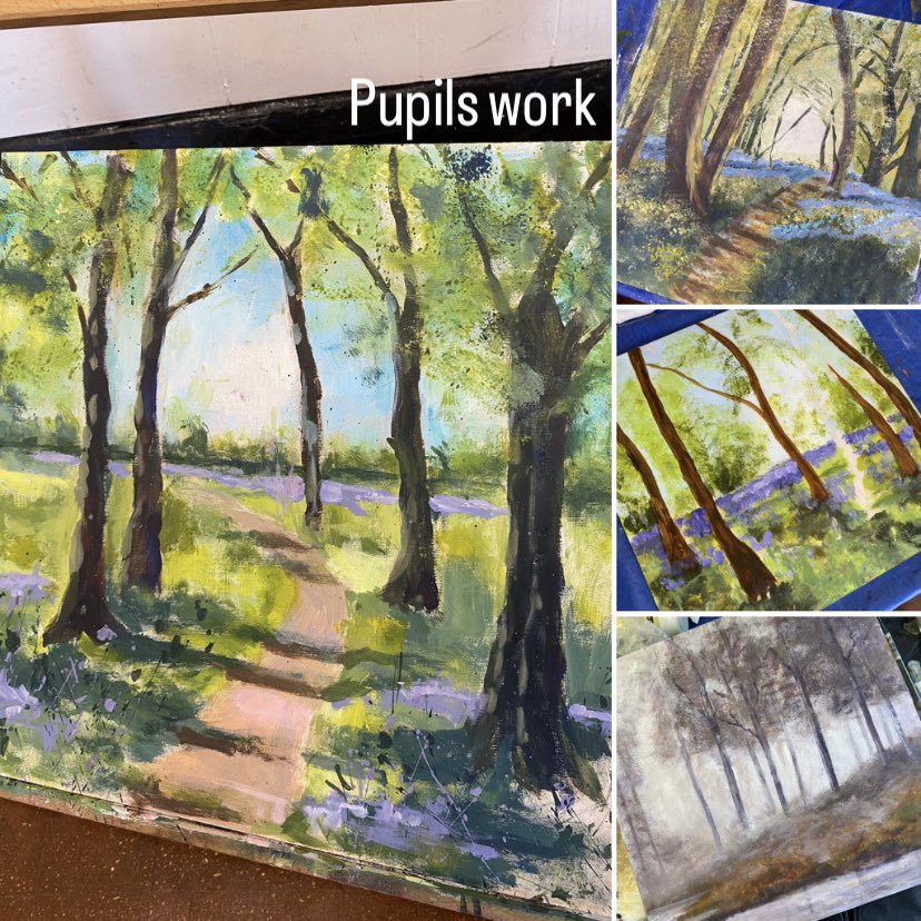 CathrynJeff's tweet photo. Enjoyable morning at Studley Green Art Group as guest teacher. Today we were concentrating on painting trees in acrylic. I showed them how to build layers, create a successful composition, enhance a perspective and suggest leaves. Well done group, great results! https://t.co/vgVLcduiyV