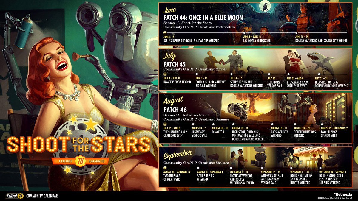 TheMissAtomic's tweet image. New Community Calendar‼️

Patch 44, Patch 45 and Patch 46? 🔥👀 

-A Summer C.A.M.P Challenge Event 

- Season 13 Starting in June 

- Season 14 Starting in August (hopefully late) this is the quickest turnaround of a season! 

#Fallout76 #Fallout #FO76