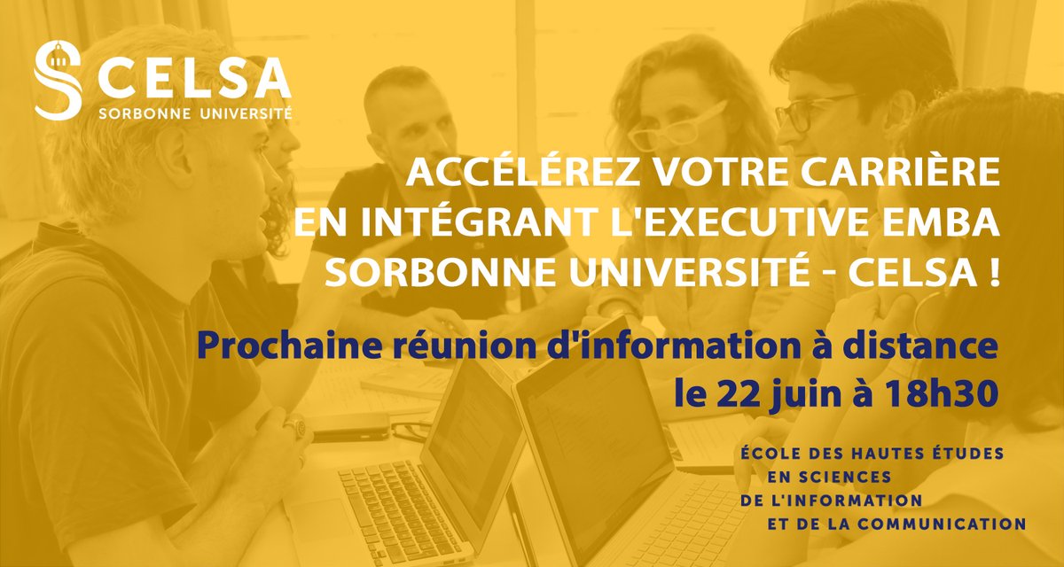 Réunion d'information sur l'Executive MBA Sorbonne Université - CELSA !
Rencontrez l'équipe pédagogique et les alumni de l'EMBA lors d'une réunion organisée à distance le 22 juin 2023 à 18h30.
> Inscription gratuite : fc.sorbonne-universite.fr/ms-emba-titres…