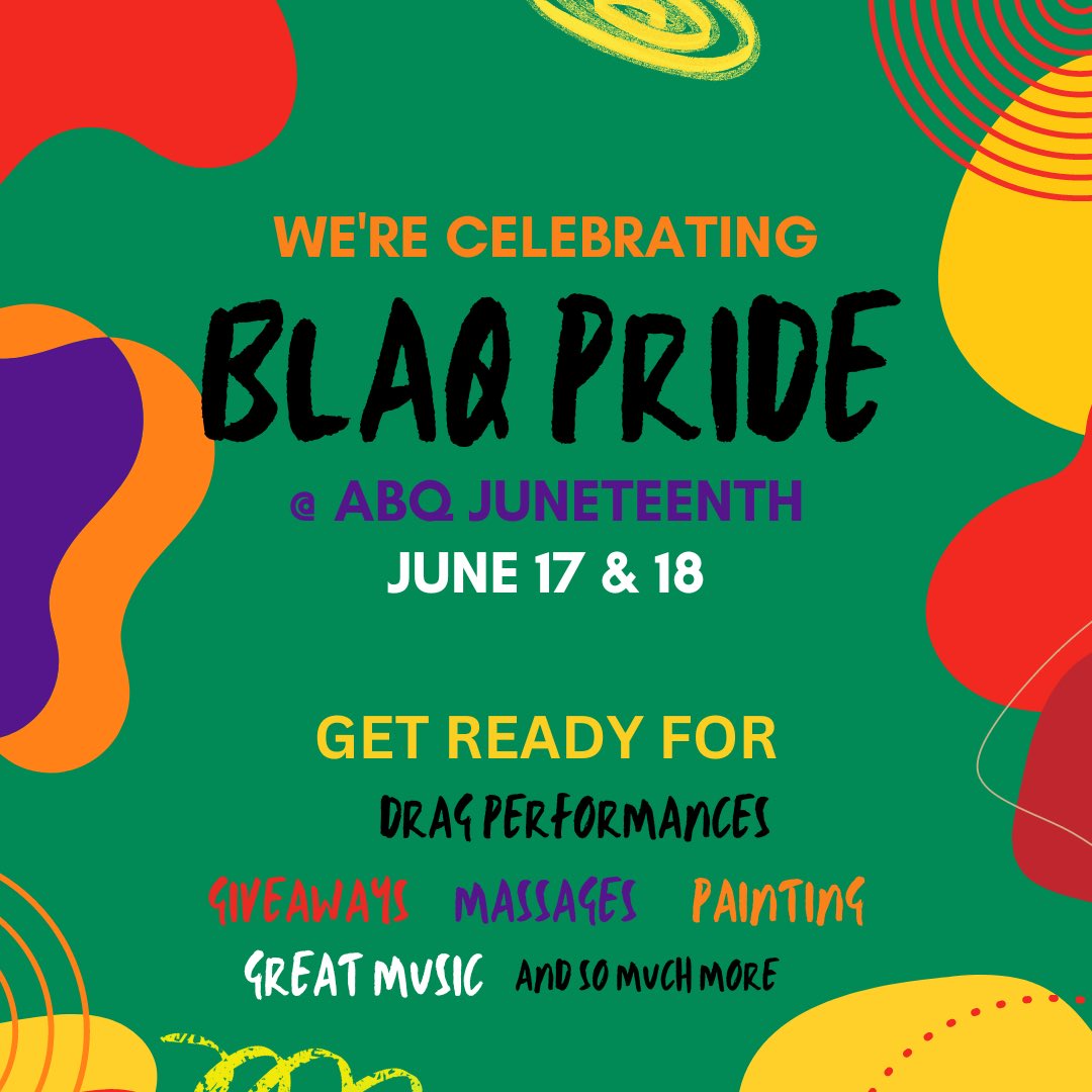 BurqueAgainst's tweet photo. "Are you ready for ABQ's 1st ever Blaq Pride? We sure are!
Scroll to see our full schedule for June 17th &amp; 18th. 
Join @thesyndicateabq @Truecolorsunm @teenmpower &amp; @nmjuneteenth for a weekend of Queer Black joy! https://t.co/iaXBvfFnHw