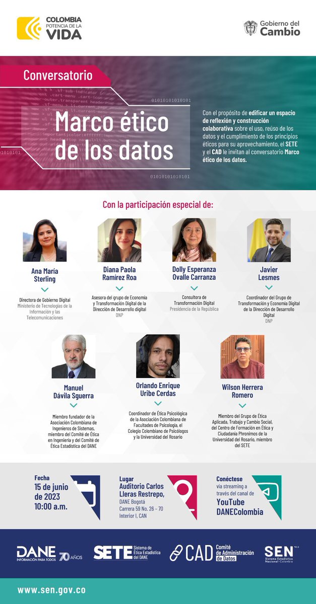 #EnMinutos | La Dirección de Desarrollo Digital del #DNP participará en conversatorio sobre el Marco ético de los datos, organizado por @DANE_Colombia. 

Siga la transmisión, a partir de las 10:00 a.m, por YouTube 🔴📹bit.ly/3NjDdxY