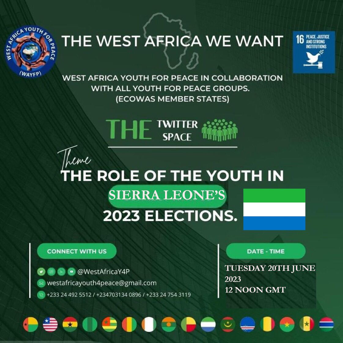 #VotrePaixNotrePaix 
#YourPeaceOurPeace
#SierraLeoneElection2023   Join us on 20th June @12noonGMT #LetsGetInvolve @ecowas_cedeao @COI_foundation @NGCSierraleone @UNICEFSL @SierraLeoneHCUK @APCSierraleone @OfficialSLPP @WANEP_Regional @_AfricanUnion @unitednations @Renel_GF