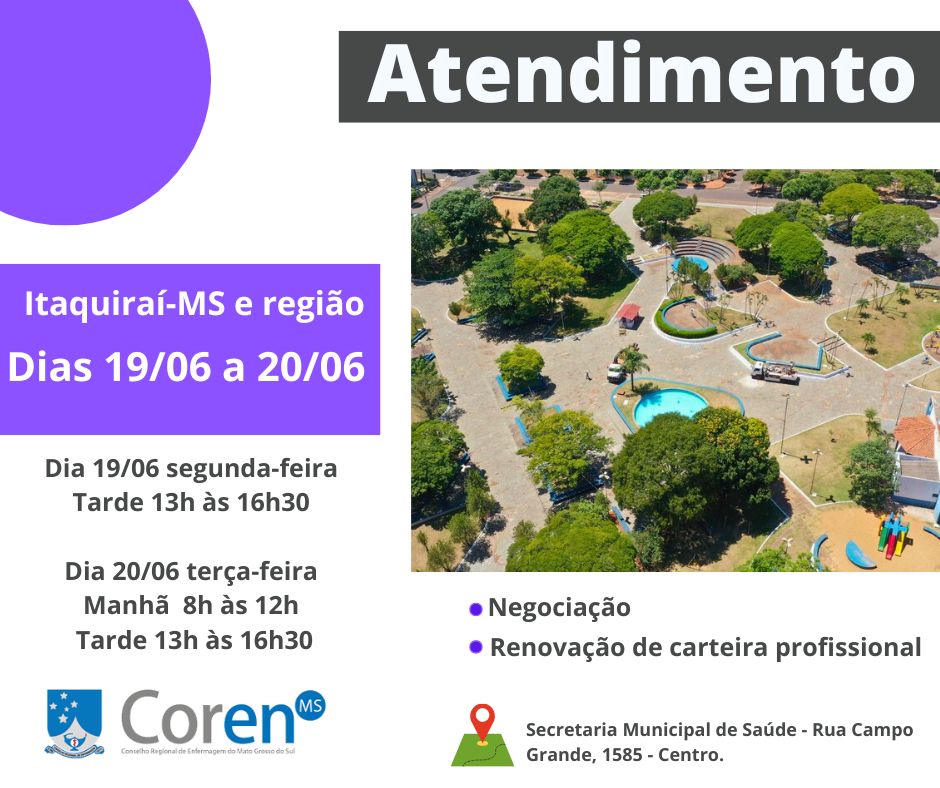CorenMS's tweet image. A equipe do Conselho Regional de Enfermagem de Mato Grosso do Sul (Coren-MS) estará em Itaquiraí-MS e Eldorado-MS, para atender aos profissionais da região. Entre os serviços oferecidos: negociação de débito e renovação de carteira profissional.

link: corenms.gov.br/coren-ms-reali…