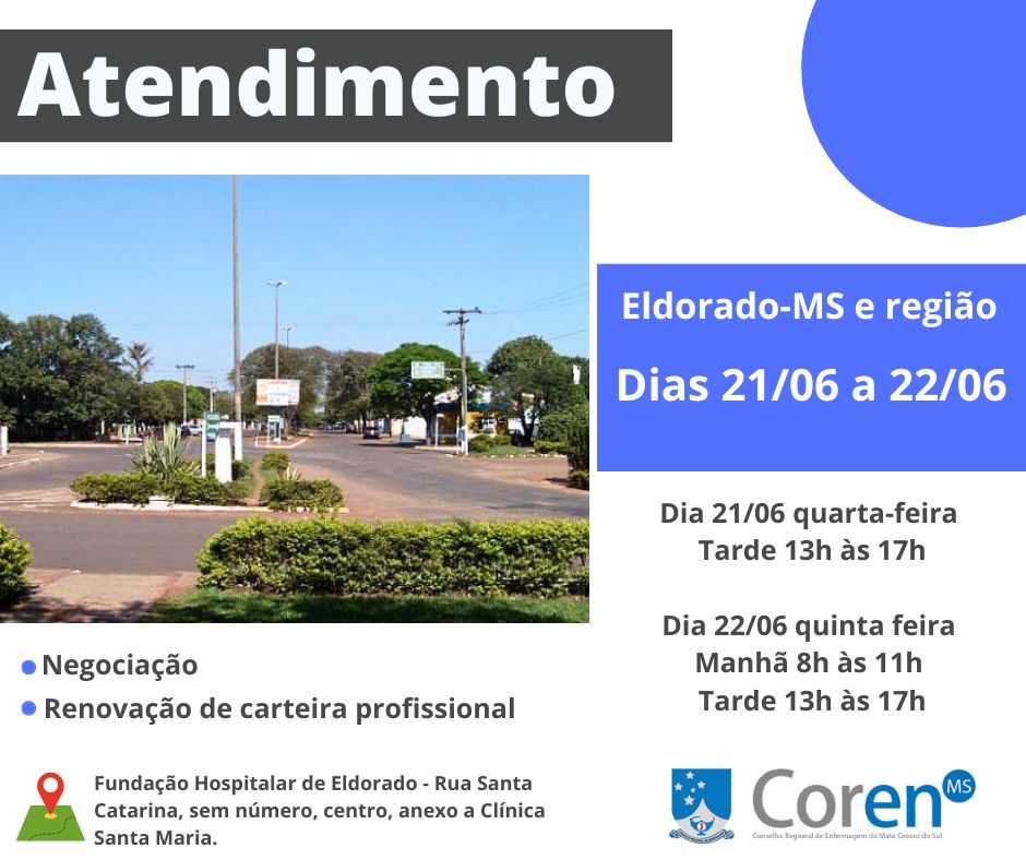 CorenMS's tweet image. A equipe do Conselho Regional de Enfermagem de Mato Grosso do Sul (Coren-MS) estará em Itaquiraí-MS e Eldorado-MS, para atender aos profissionais da região. Entre os serviços oferecidos: negociação de débito e renovação de carteira profissional.

link: corenms.gov.br/coren-ms-reali…