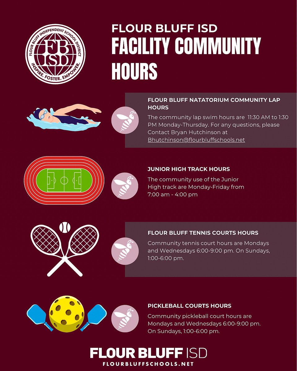 Flour Bluff ISD has our natatorium, Junior High Track, tennis and pickleball courts available for community use. The tennis and pickleball courts will be closed this Sunday for Father’s Day, Our facilities will also be closed on the upcoming July 4th holiday.