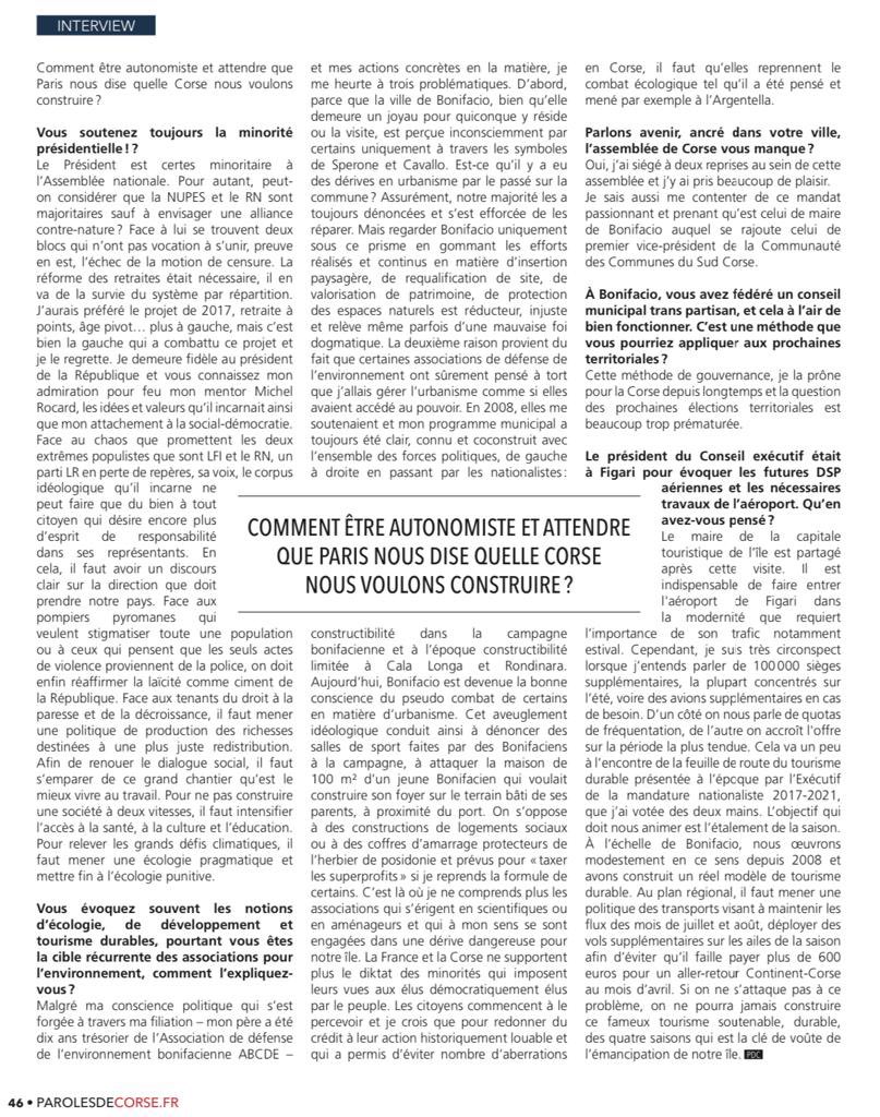 J’ai répondu à @parolesdecorse et donné ma vision sur les dossiers majeurs de #Bonifacio, mais aussi sur les discussions avec Paris et les sujets prégnants de la #Corse : environnement, tourisme, économie, transports. 
Retrouvez mon interview ⤵️