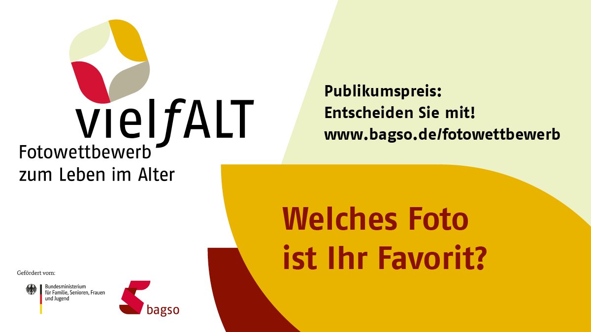 VielfALT - Fotowettbewerb zum Leben im #Alter: Stimmen Sie jetzt über den Publikumspreis ab!

Bis zum 30.6.2023 können Sie Ihr Lieblingsbild wählen. Ein Klick auf den Stern am #Foto genügt. Machen Sie jetzt mit unter bagso.de/fotowettbewerb

#fotografie #altern #altersbilder