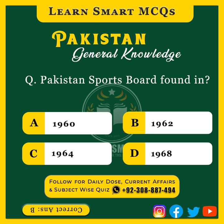 Q. Pakistan Sports Board found in? 

Pakistan General Knowledge Quiz

#GeneralKnowledge #GK #MCQs #SPSC #PPSC #KPPSC #UPSC #IAS #PSC #BPSC #GeneralKnowledgeMCQs #FPSC #NTS #Pakistan #TestPreparation #Quizzy #PakMCQs #PakistanAffairs #GKToday