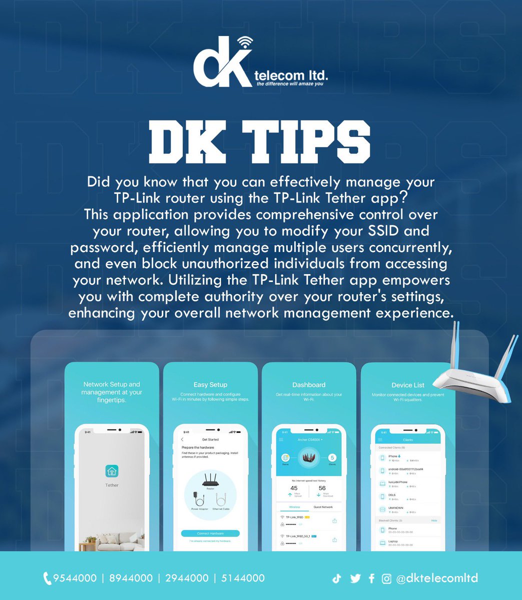 DKtelecomLtd's tweet photo. Good day! We are here to remind you that your router is yours and you should be able to have full control of it with just your smartphone.
Check out todayβs #DKTIPS for more information.
#DKTIPS #DKTelecom #Gambia #ISP #InternetForAll https://t.co/gexYuKhSPZ