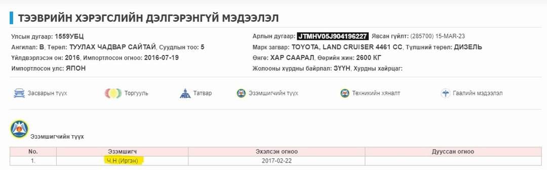 #Иргэний_үг: Гацууртын Л.Чинбатын энэ машины мэдээллээс харахад 190,713 төгрөгийн татвараа төлөөгүй, нийт 110,000 төгрөгийн торгуультай байна.
Хоёрдугаарт, энэ машин Соёлын сайд Ч.Номингийн эзэмшлийнх бололтой.
