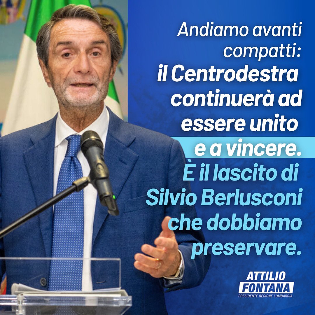 Andremo avanti in maniera compatta: il centrodestra è unito, continuerà ad esserlo e quindi a vincere le elezioni. Questo è il lascito di Silvio Berlusconi che dobbiamo preservare. Noi intendiamo ricordarlo anche dedicandogli un importante luogo all'interno del Palazzo Lombardia.