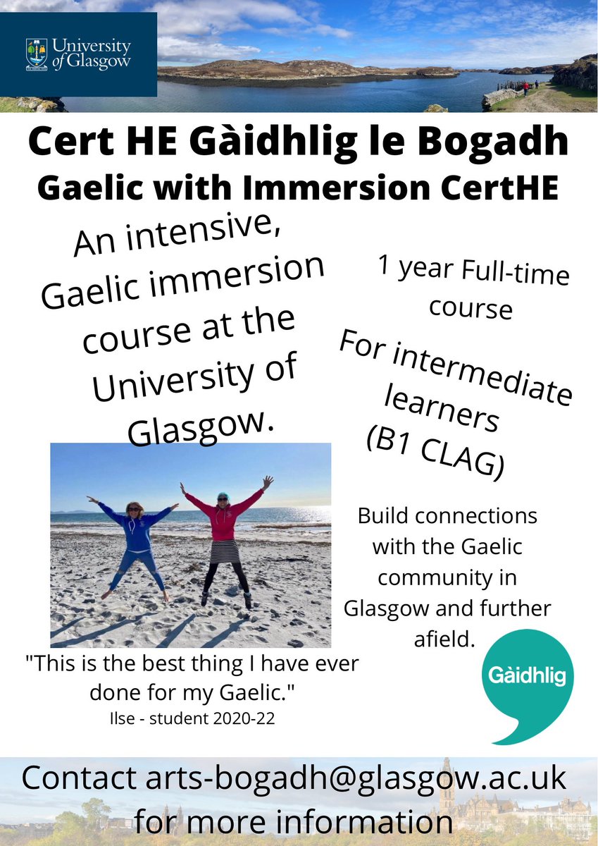 Tha iarrtasan fosgailte a-nis son a' chùrsa Bhliadhna Bhogaidh 2023/24. gla.ac.uk/study/cpd/gael…

Ma tha ceist sam bith agaibh, cuiribh PM thugainn no post-d gu arts-bogadh@glasgow.ac.uk 

#teamUofG #gaelic #gàidhlig