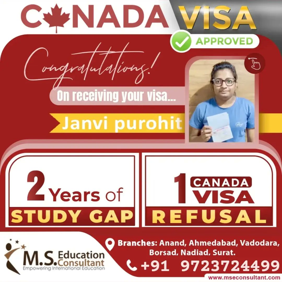 Congrats!!! Janvi Purohit for Canada 🇨🇦 Student Visa 💐

🔸Canada Student Visa even after 1 refusals 
🔸2 Years of Study Gap
 
#MSEducationConsultant #StudentVisa #StudyAbroad #IELTS #toefl #pte #Immigration #StudyInCanada #StudyInUSA #bestvisaconsultant #bestieltscoaching