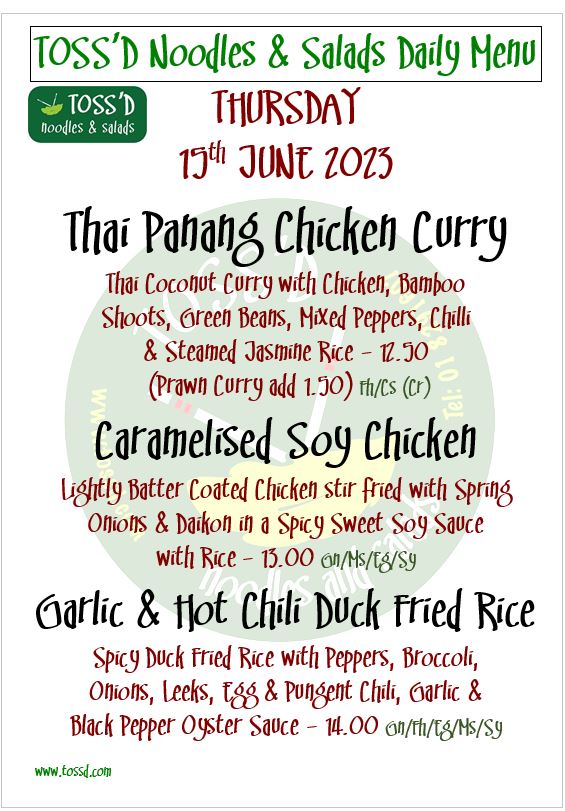 THURSDAY: 15/06/2023
CALL & COLLECT - Dial 018291607
.
.
.
#tossd #lunchdublin #noodles #ramen #lunch #chqdublin #lovindublin #restaurants #food #LunchTime #eat #fresh #thaifood #vegetarian #vegan #lunchbreak #lunchspecial #lunchmenu #asianeats #asianfood #thai #dublinfoodie