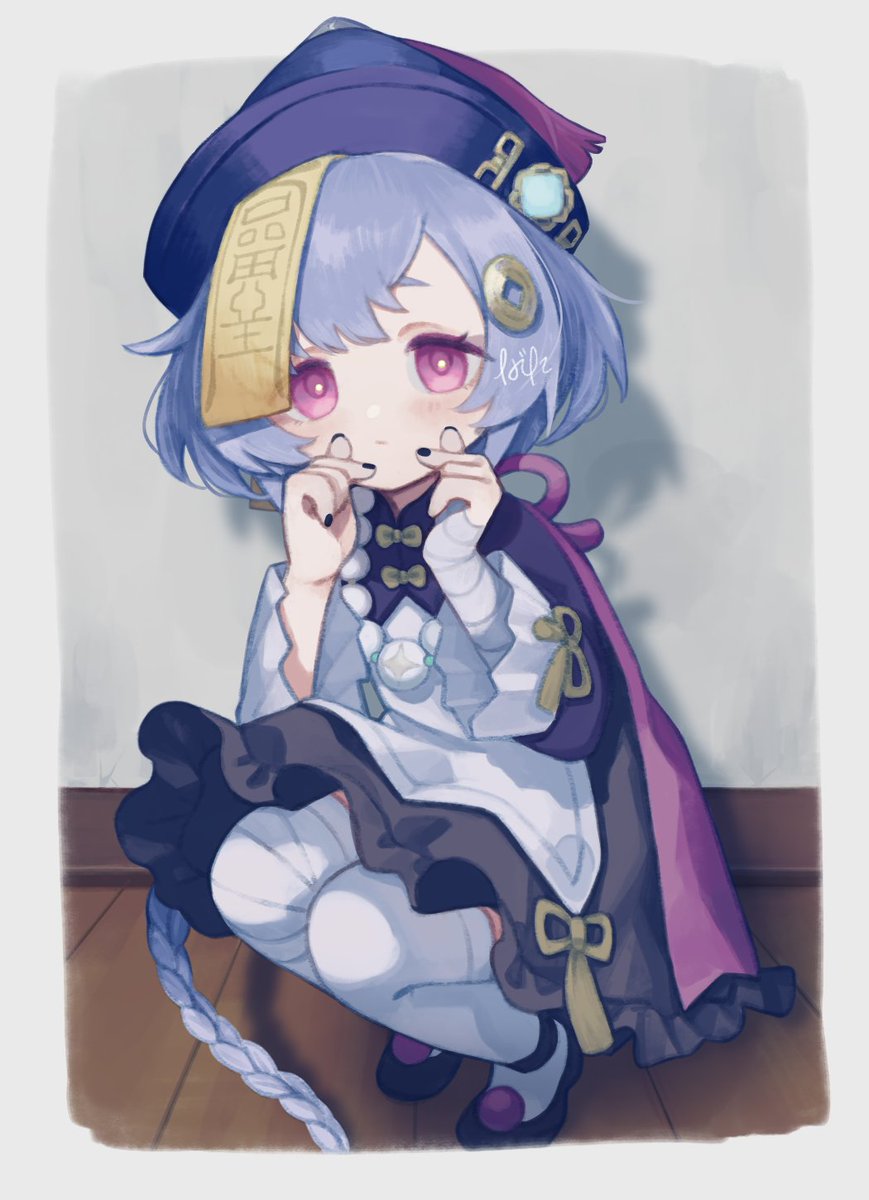 qiqi (genshin impact) 1girl solo hat hair ornament coin hair ornament purple hair thighhighs  illustration images