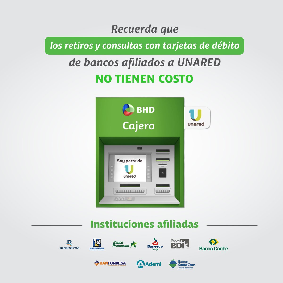 BancoBHD's tweet photo. Recuerda que los retiros y consultas con tarjetas de débito de bancos afiliados a UNARED no tienen costo.
La red de cajeros más grandes del país está disponible para ti a través de nuestras instituciones afiliadas.
Con Unared tu efectivo está cada vez más cerca.
#UNARED https://t.co/EzDqSt0d27