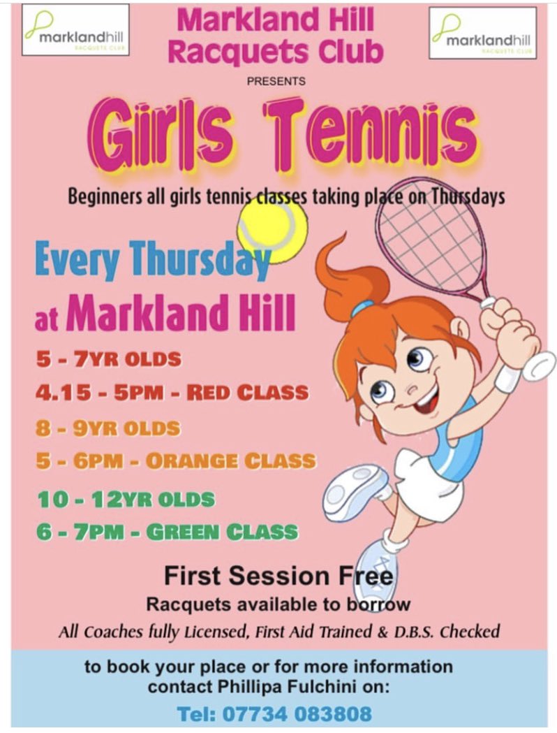 Wimbledon just around the corner we are offering everyone a free first taster session on all our group lessons at Markland Hill Racquets Club book in for your free taster contact John 07725 646219 for any junior sessions &amp; Phillipa 07734083808 for any adult or all girls sessions