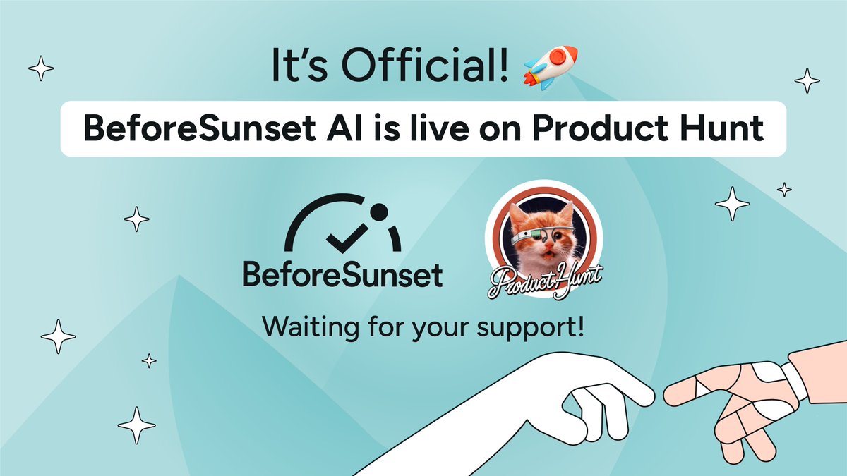 BeforeSunsetAI's tweet photo. 🚀 We’re officially live on Product Hunt!

☀️ Waiting for your support and feedback on our page! 

https://t.co/OZekIWlDbo

#producthunt #BeforeSunsetAI #AI #buildinpublic https://t.co/xNl00TeghG