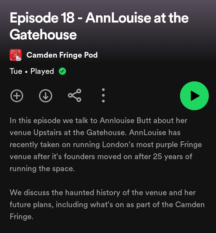 Tune into the latest episode of our podcast - its all about the brilliant <a href="/GatehouseLondon/">Upstairs At The Gatehouse</a> which has brought great theatre to Highgate for 25 years &amp; part of Camden Fringe since 2010
Apple: podcasts.apple.com/gb/podcast/cam…
Spotify: open.spotify.com/show/7tfzFawbV…
Acast: shows.acast.com/camden-fringe-…