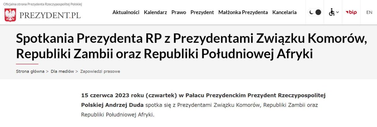 'Andrzej Duda will today receive the Presidents of Zambia, South Africa and the Comoros in Warsaw' - Office of the President of Poland

A delegation of African leaders is going on visits to Ukraine and the Russia to implement peacekeeping initiatives to end the war.