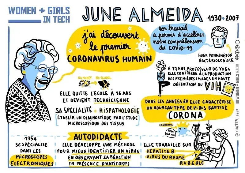 (#WoGiTech) #JuneAlmeida est la chercheuse qui a découvert les #coronavirus 🦠 Elle figure sur notre magnifique T-shirt pour #VivaTech 👕 👉 Découvrez notre site buff.ly/3p3ARd9 👋 @cibi1974 @SANDDELA @BNPParibas @simplonco @digital_ladies @BecomtechFr #BNPPAdvance