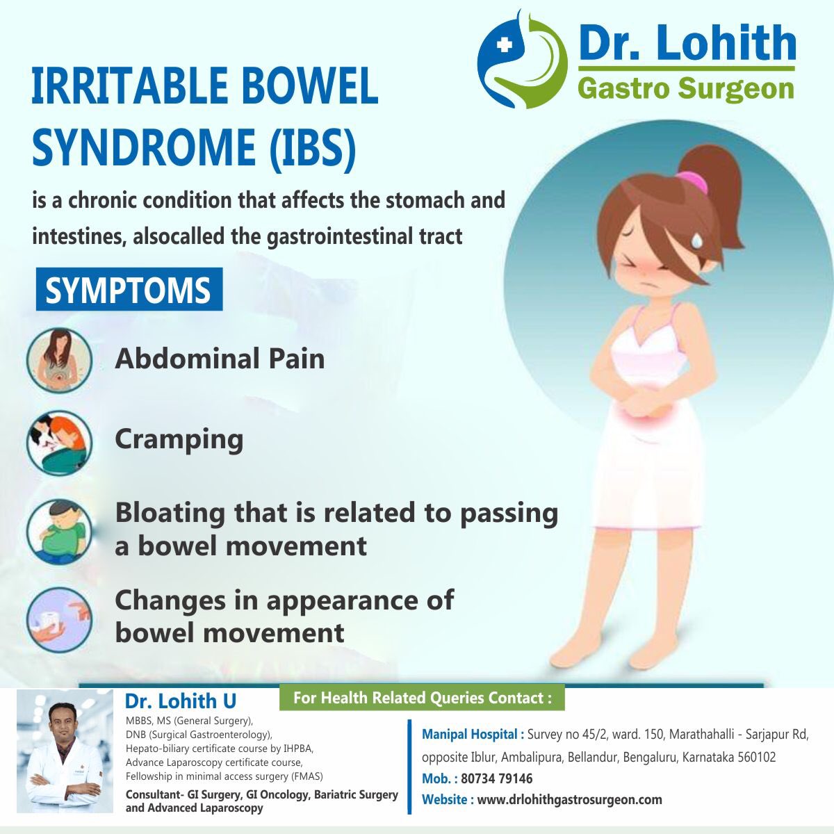 Irritable bowel syndrome (IBS)
Is a chronic condition that affects the stomach and intestines, also called the gastrointestinal tract

#gastroenterology #laproscopicsurgery #laproscopicsurgeon #Laproscopic #IBS #irritabebowelsyndrome #bangalore #bangaloredays #bangalore_insta