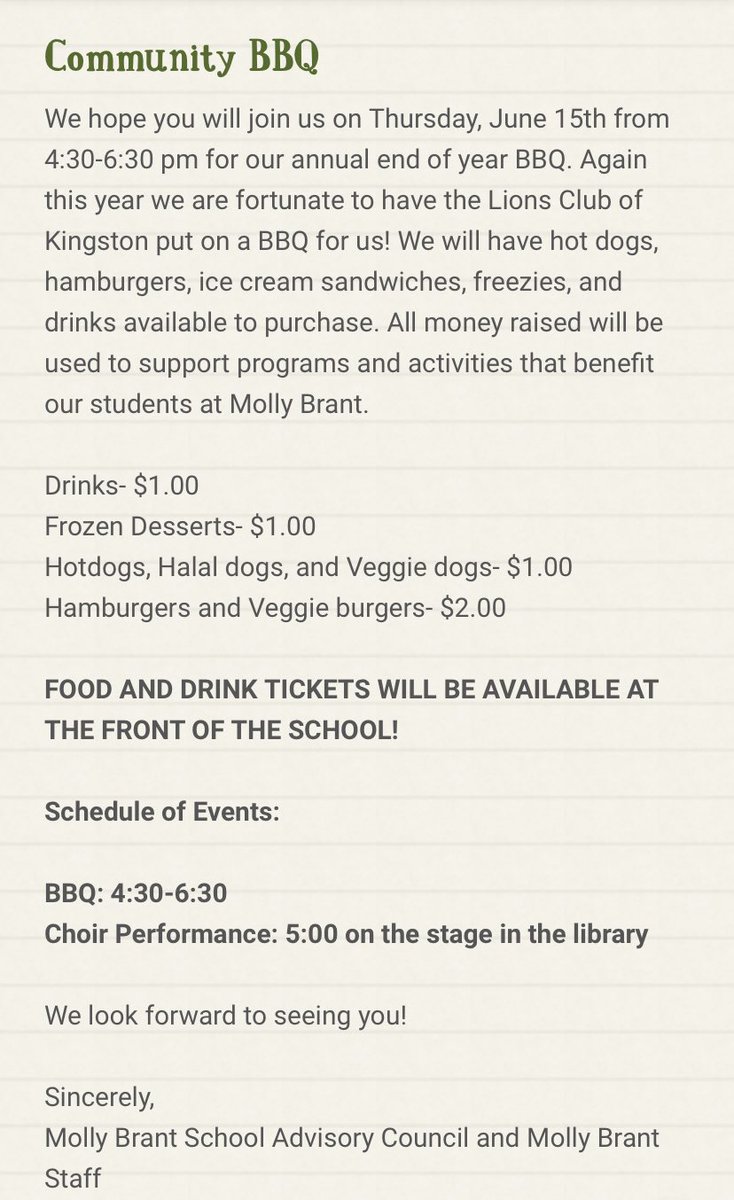 Hey <a href="/MollyBrant_LDSB/">Molly Brant ES</a> … it’s our annual end-of-the-year BBQ from 4:30 -6:30 tonight! Please see some details included here! See you there :)