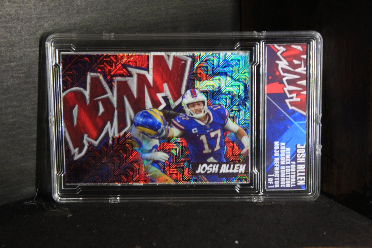 kardyewest's tweet photo. Pick your player, pick your colors, make it your DAMN card. 1 of 1 mojo refractor versions $30 shipped. This is @jim3n3z_j0 DAMN Josh Allen 1 of 1 #retweetgang #customcardart #customcard #1of1 #customcreated #refractor https://t.co/QlNbfBt7KB