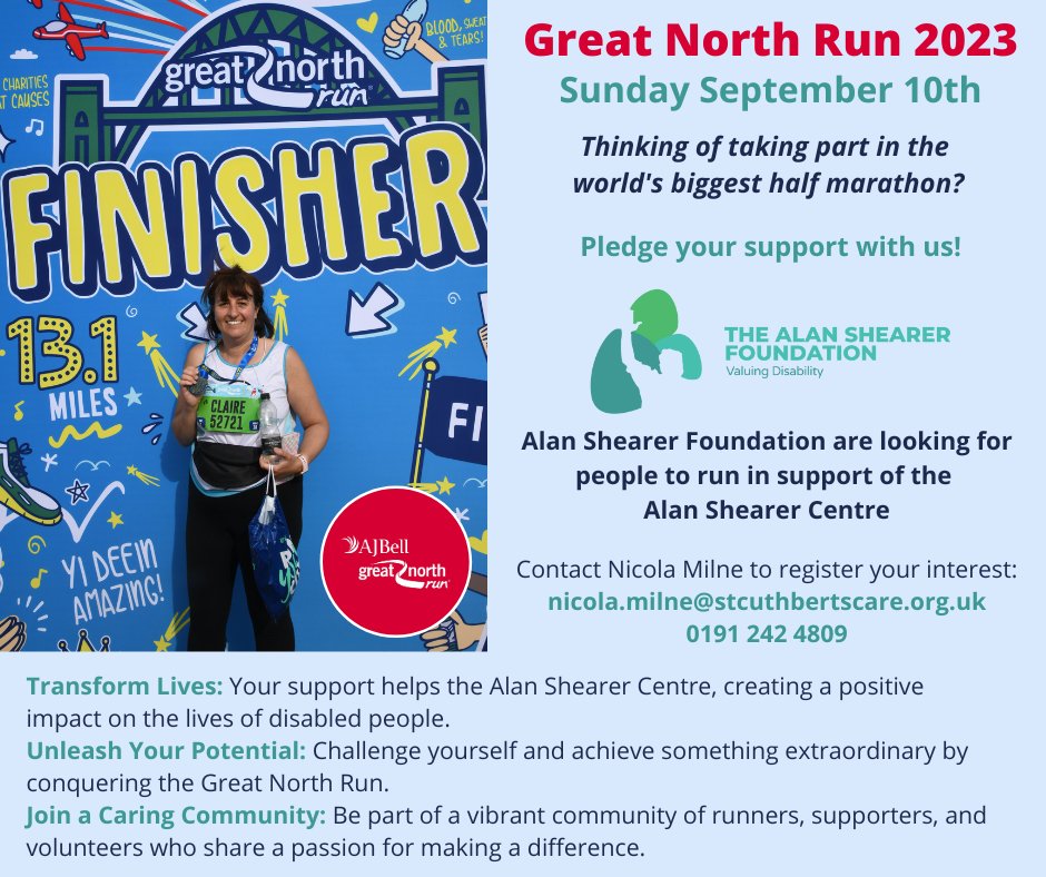 Do you want to take part in the Great North Run 2023? Would you like to run in support of the Alan Shearer Foundation and support the Alan Shearer Centre? contact Nicola Milne on 0191 242 4809 or email nicola.milne@stcuthbertscare.org.uk #alanshearer #gnr2023