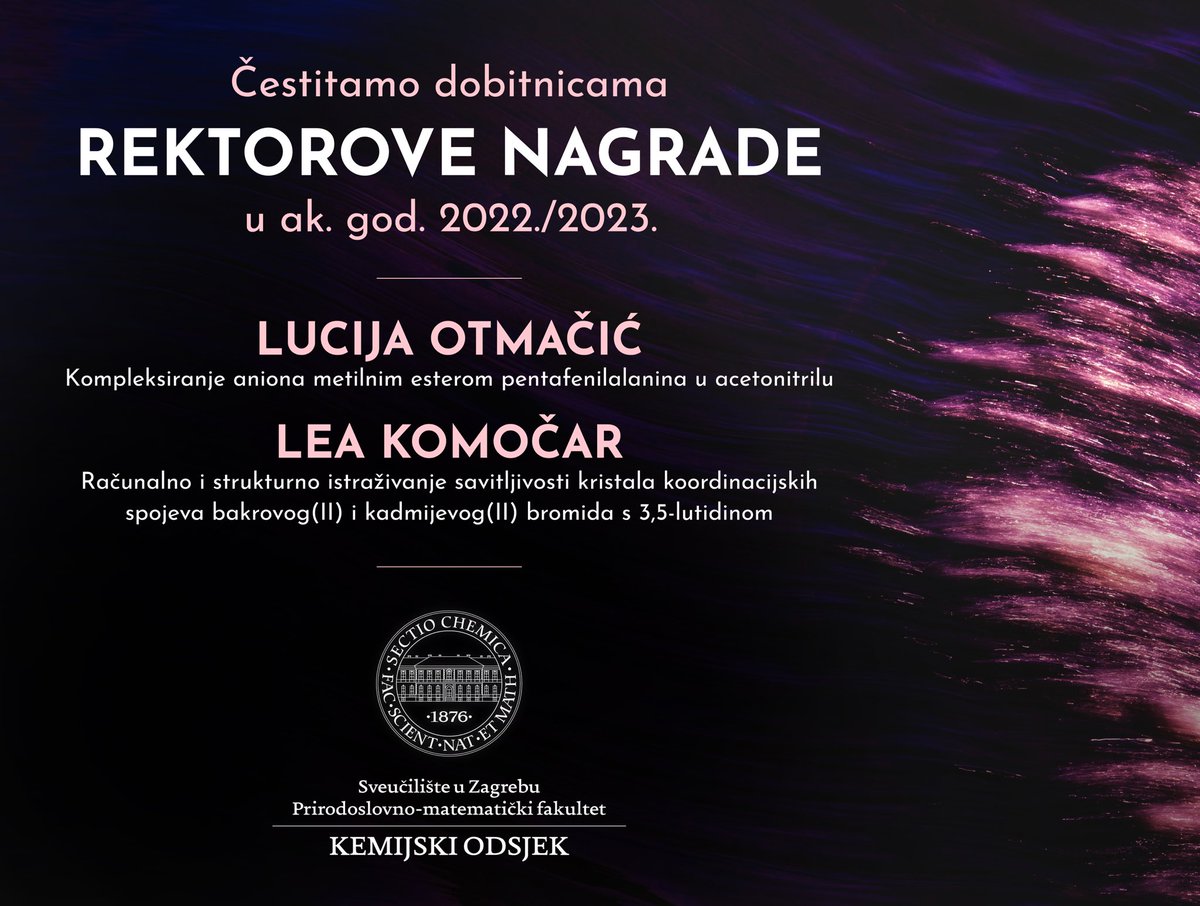 Čestitamo studenticama Kemijskog odsjeka PMF-a! 🥳🎉 Popis dobitnika Rektorove nagrade u ak. god. 2022./23. možete pogledati na sljedećem linku: bit.ly/RN_2023