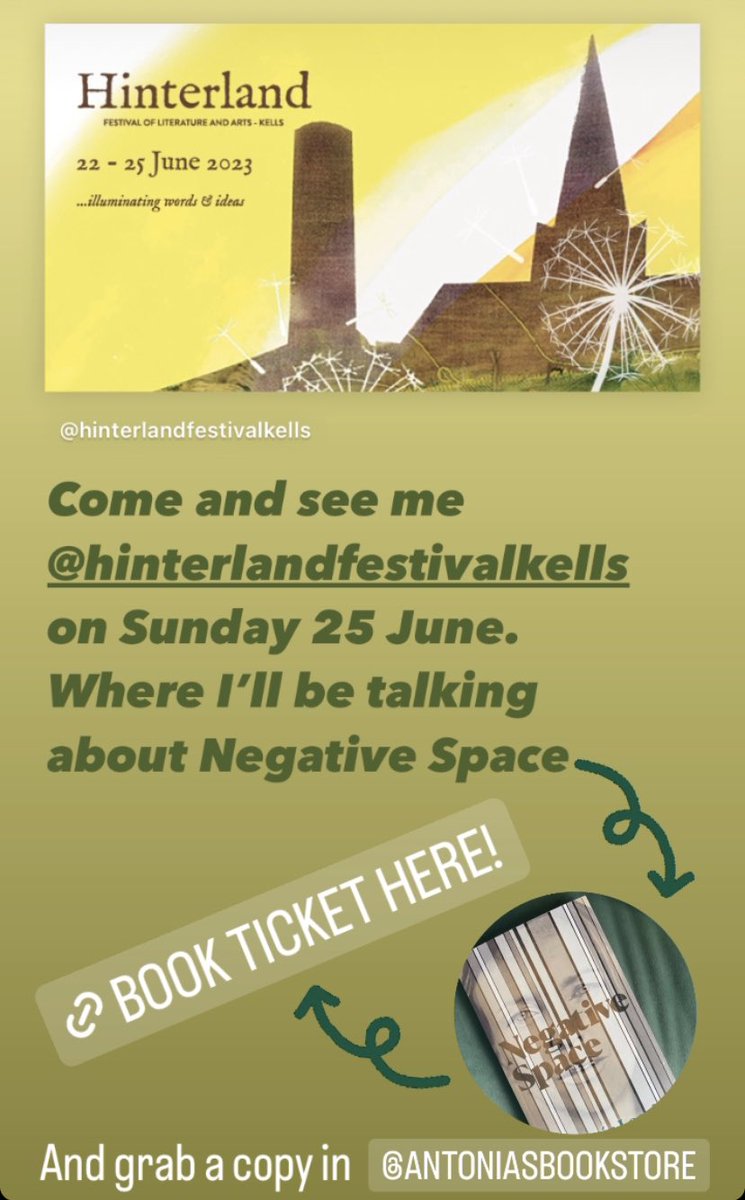 Making end of June plans? Come and see me talk about Negative Space @HinterlandKells on Sunday 25th. Tickets here hinterland.ie/p-472-cristin-… & you can buy Negative Space at the festival partner bookshop @AntoniasBooks too. Brilliant line up Liz Nugent, Edel Coffey, Joseph O’Connor…
