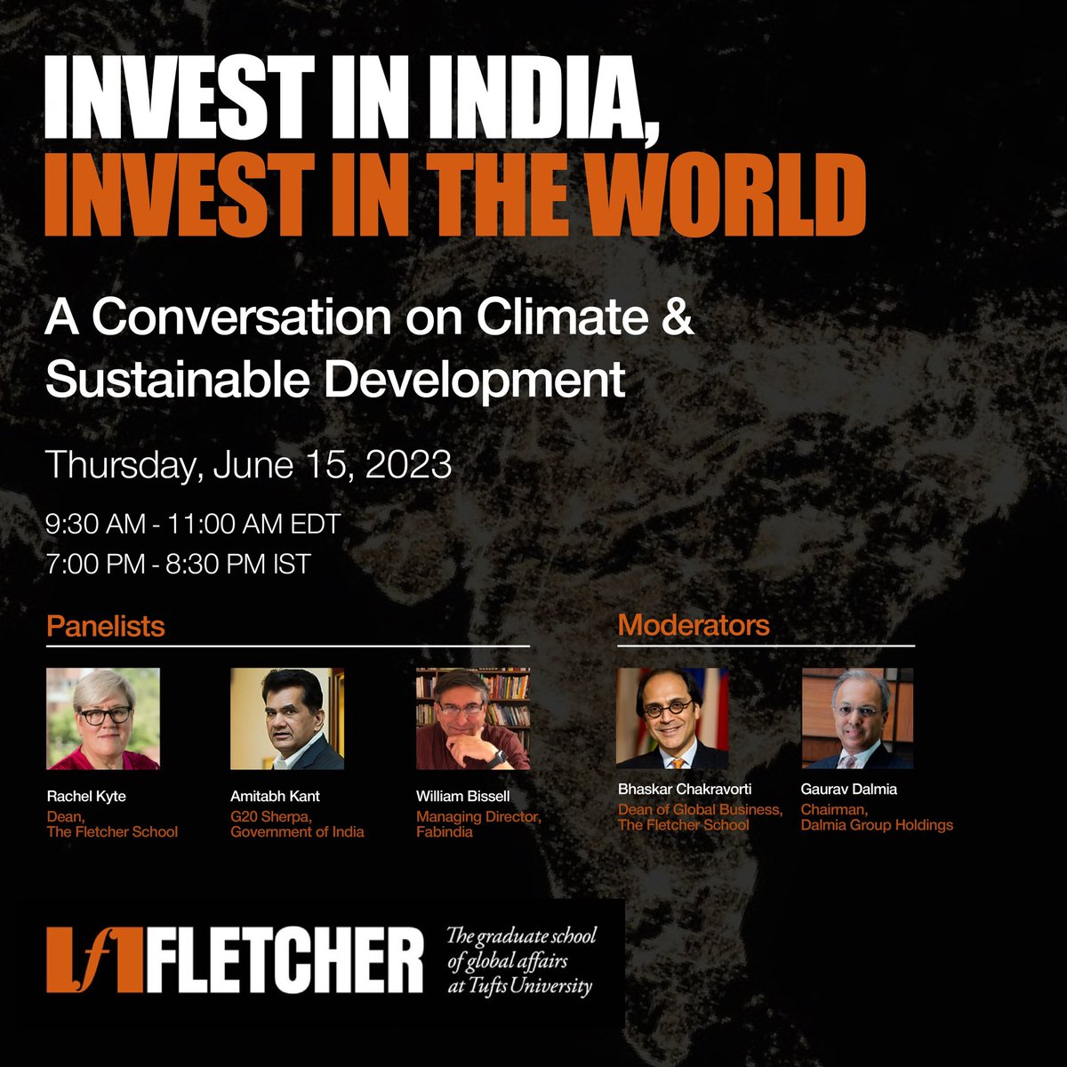 Join Mr William Bissell, @amitabhk87 and @rkyte365 for 'A Conversation on Climate and Sustainable Development' hosted by @FletcherSchool at @TuftsUniversity Register now: bit.ly/Registration-I… #ClimateChange #SDGs #ESG #Sustainability #InvestinIndia