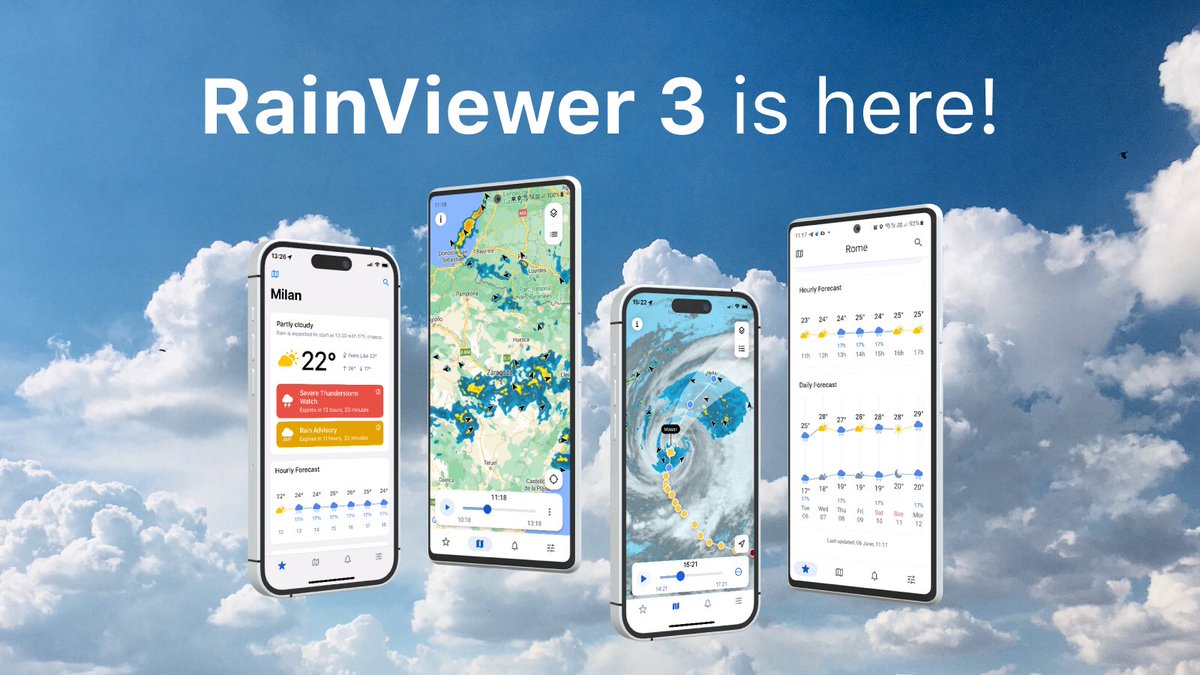 Big news! RainViewer 3 has arrived!

Get the most precise forecasts and new radar maps, all in one app 📲⛈️

iOS devices: apps.apple.com/app/apple-stor…
Android devices: play.google.com/store/apps/det…

#weather #StormHour #WeatherRetweet #wxtwitter