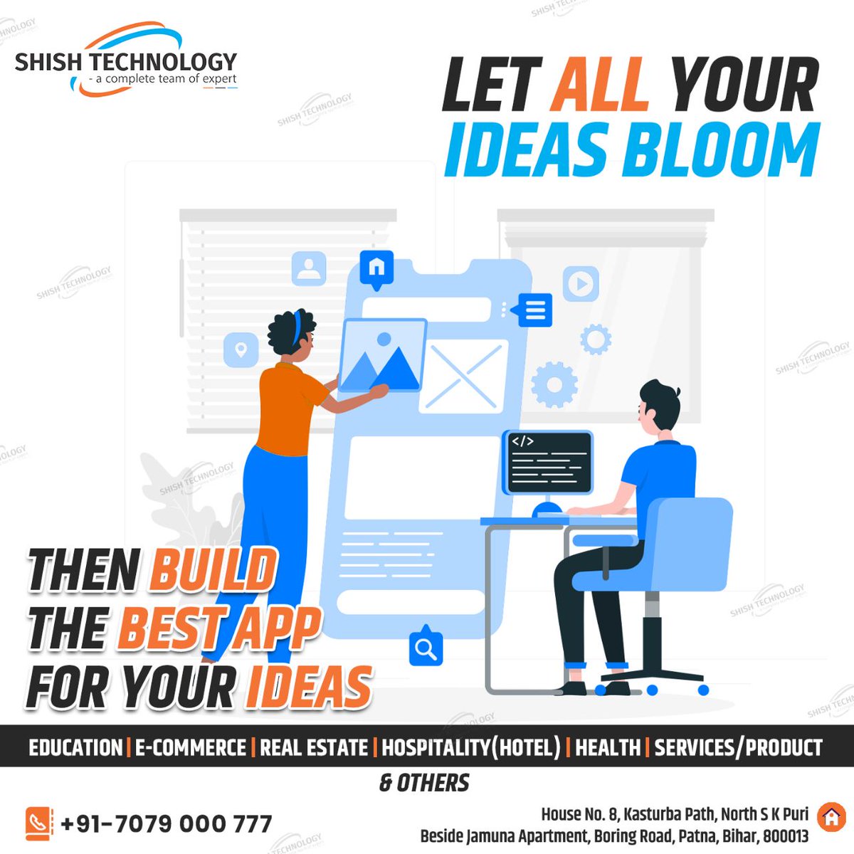 MarriageFood's tweet image. LET ALL YOUR IDEAS BLOOM.
THEN BUILD THE BEST APP FOR YOUR IDEAS.

+917079000777 | shishtechnology.com

#shishtechnology #bestitcompanyinpatna #bulksmsserviceproviderinpatna #topbestseoanalystinboringroad #digitalmarketing #websitedevelopmentcompanyinpatna