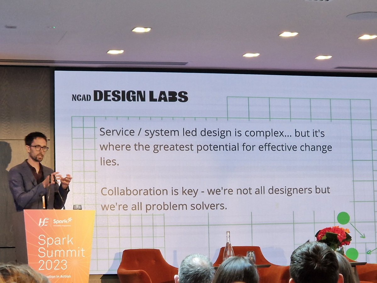 Sam Russell Head of Product Design @NCAD_Dublin speaking on the range of Service Design methodologies & marrying them with heathcare professionals & patients to co-solve issues to bring about change

Service Design is complex but can be achieved when collaborative 
#SparkSummit23